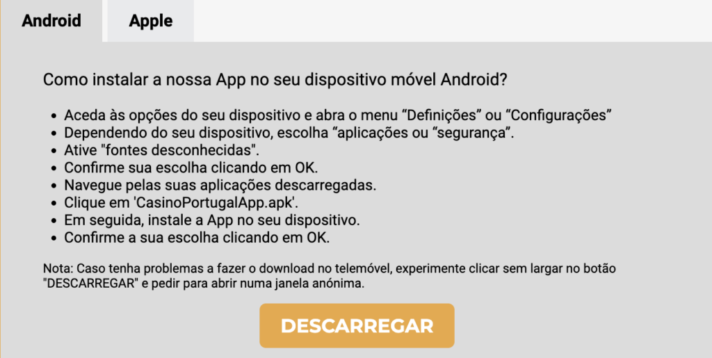 Explicação da Casino Portugal de como instalar a app em Android