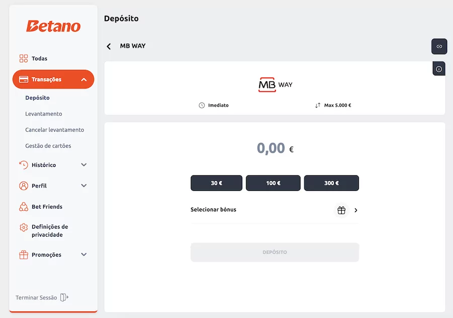 Depositar com MB Way na Betano