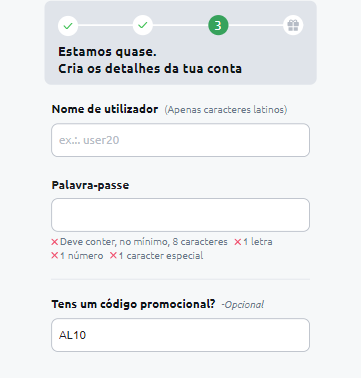 Print-screen retirado da conta betano, para explicar onde o utilizador deve colocar o código. 