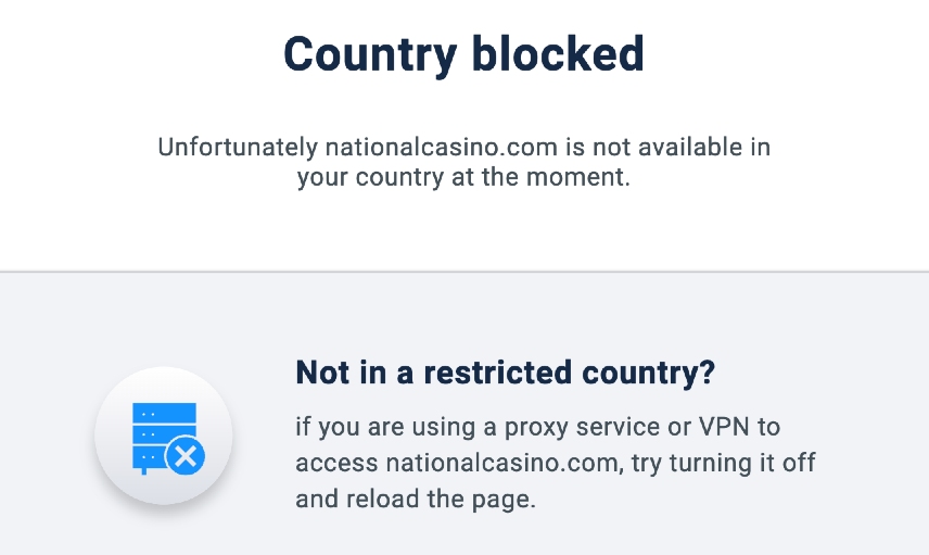 Página do National Casino bloqueada no browser