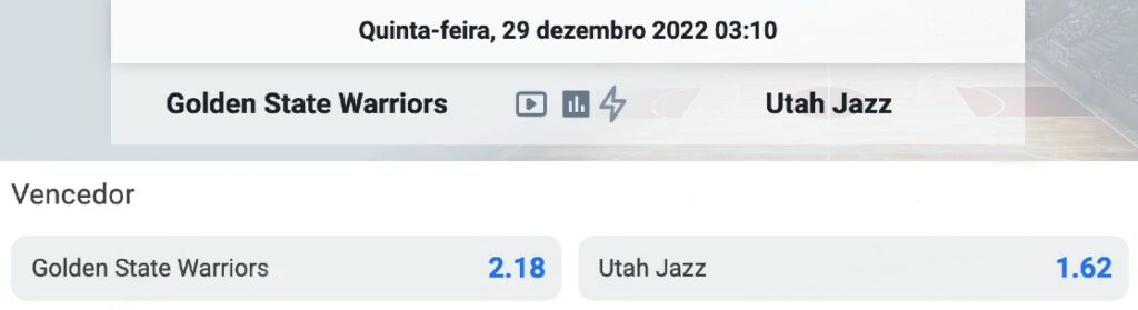 aposta no vencedor da partida de basquetebol entre Golden State Warriors e Utah Jazz