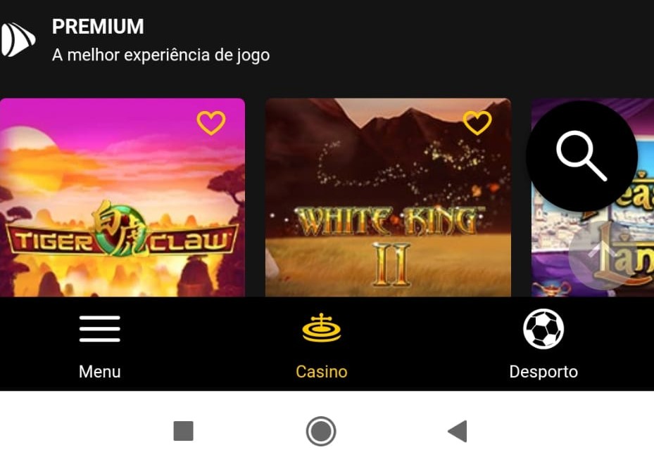 Menu principal na app de casino da Bwin
