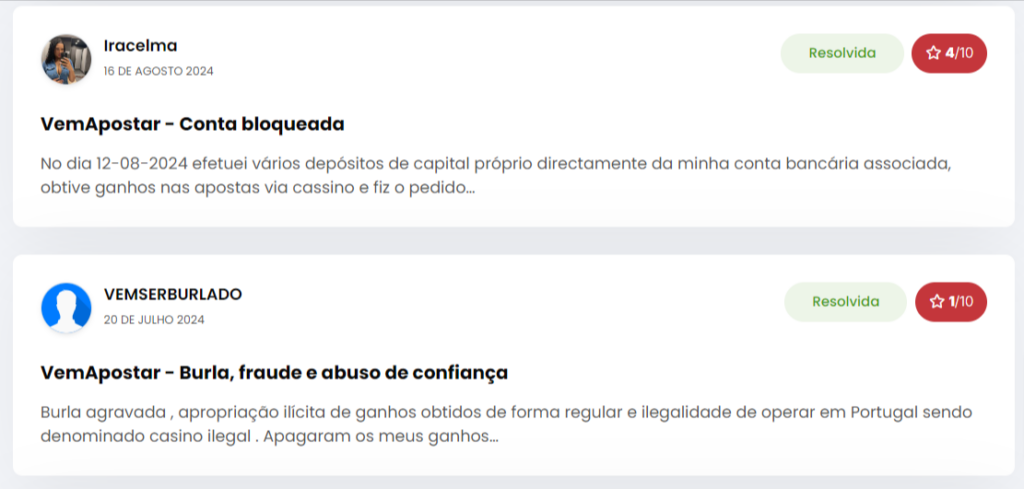 Queixas de jogadores que apostaram no VemApostar sobre burlas.