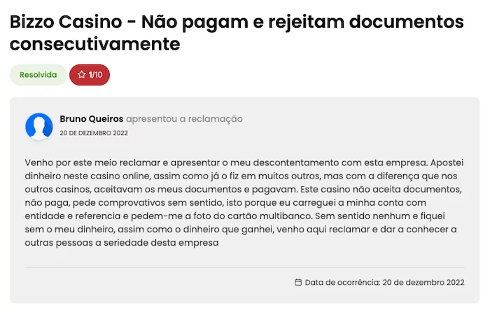Queixas Bizzo Casino