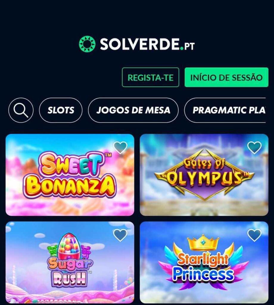 Ecrã inicial da app de casino da Solverde