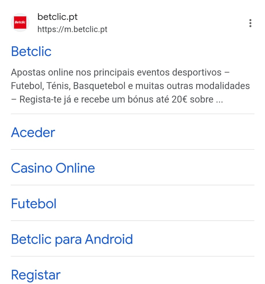 Opção Betclic para Android nos resultados da pesquisa
