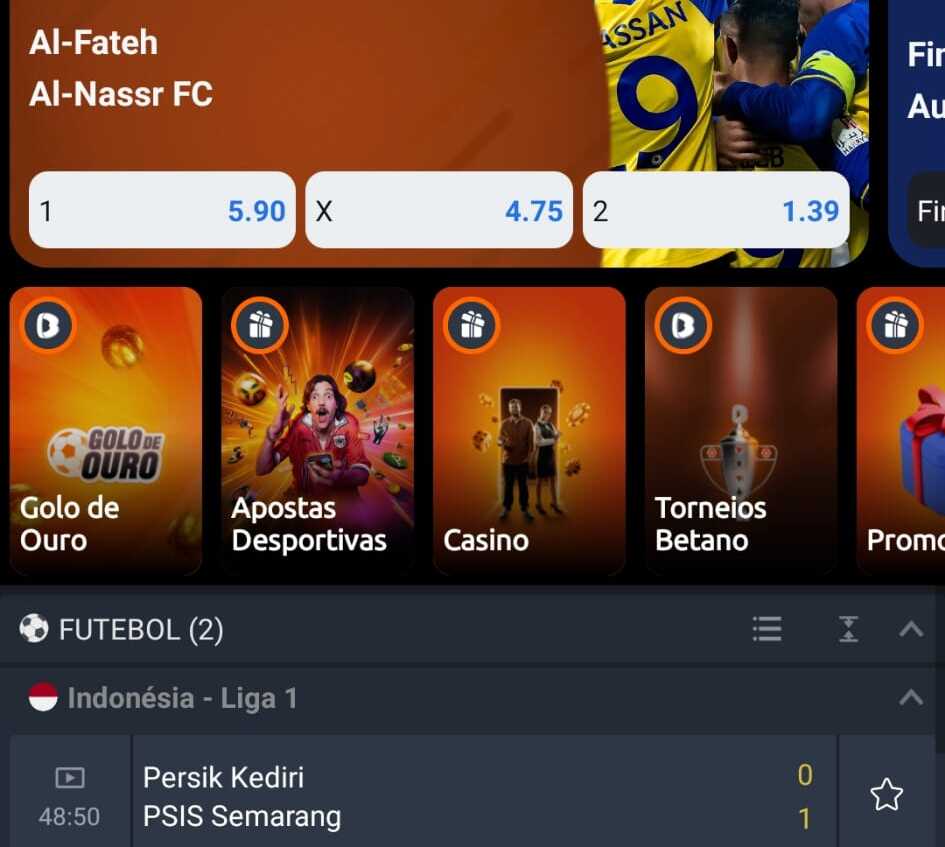 Apostas de futebol no ecrã inicial da app da Betano