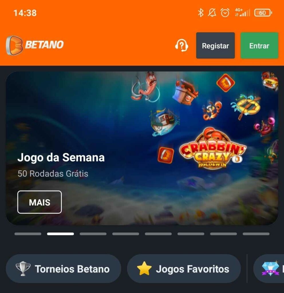 ecrã inicial da secção de casino na aplicação da Betano