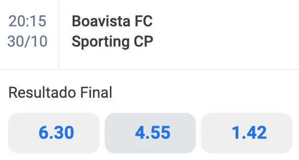 aposta no vencedor da partida entre Boavista e Sporting, na Betano