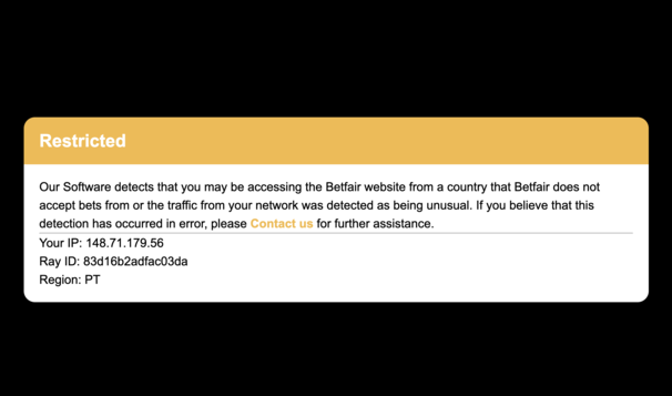 mensagem de bloqueio do site da Betfair em Portugal