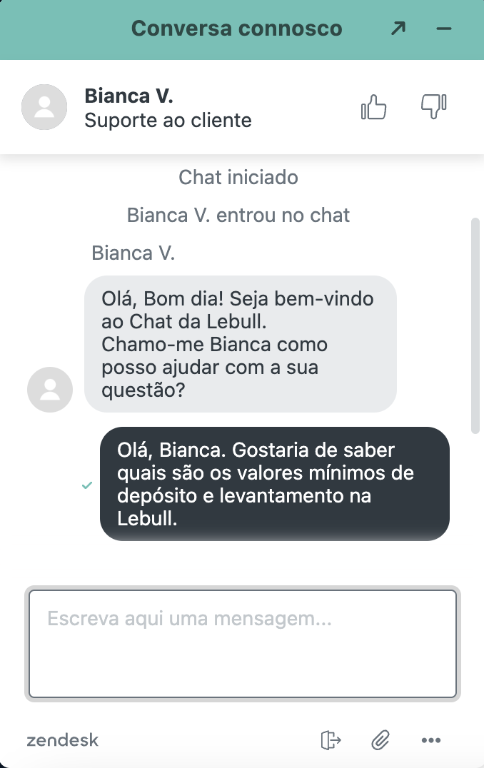 Mensagem enviada ao apoio ao cliente da Lebull