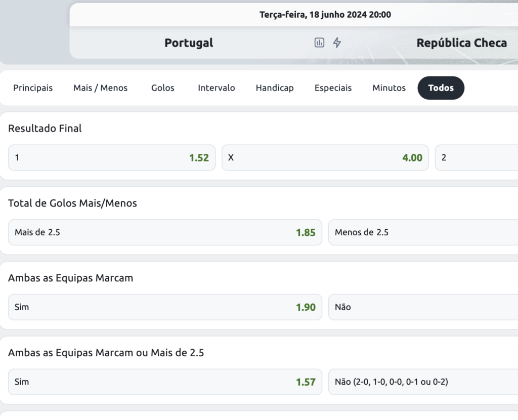 exemplos de mercados para o 1º jogo da fase final do euro para Portugal