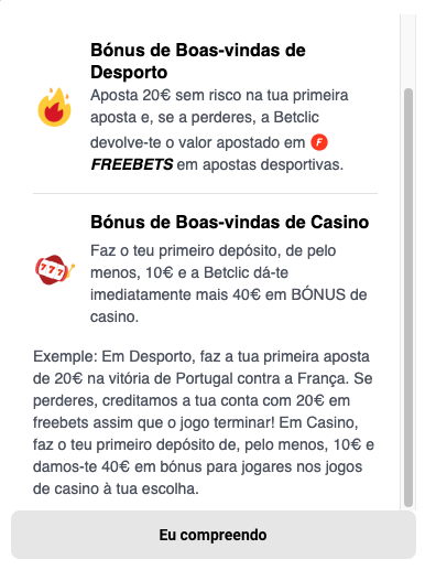 Bónus de boas-vindas da Betclic