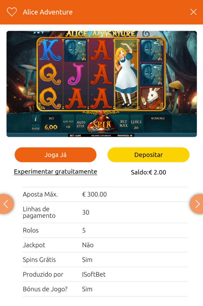 Informações sobre a slot Alice Adventure