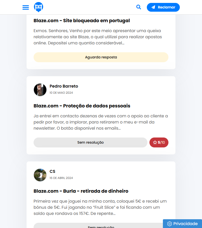 Feedback e reclamações de burlas sobre a Blaze Portugal