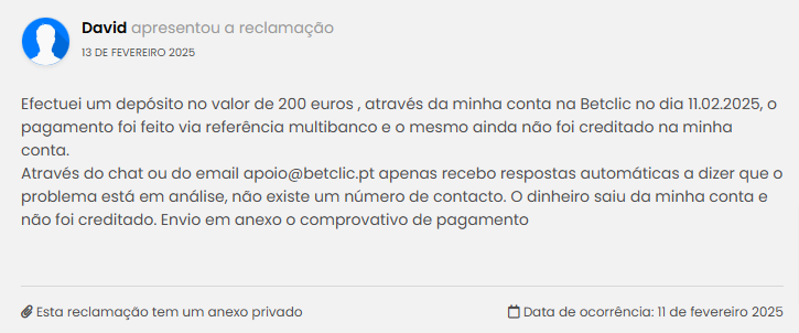 Problema depósito não creditado