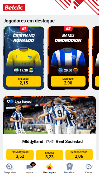 Também na app vais encontrar um destaque dos mercados de marcadores em jogadores que estão a marcar golos nos últimos jogos. 