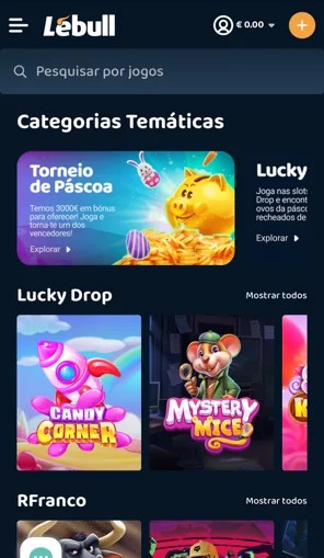 Categorias temáticas na app do Casino Lebull
