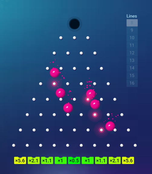 Várias bolas a cair em simultâneo no Plinko