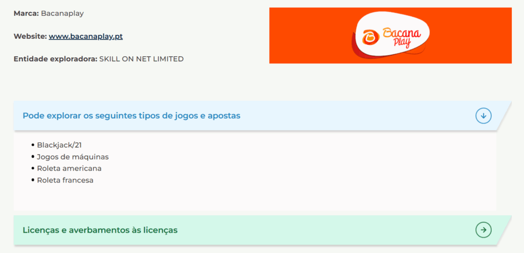 Licenças da BacanaPlay em Portugal