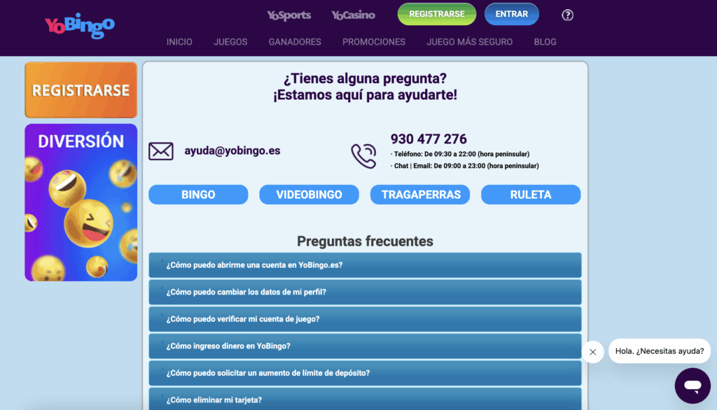 Apoio ao cliente YoBingo
