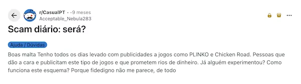 Post Reddit sobre o Chicken Road