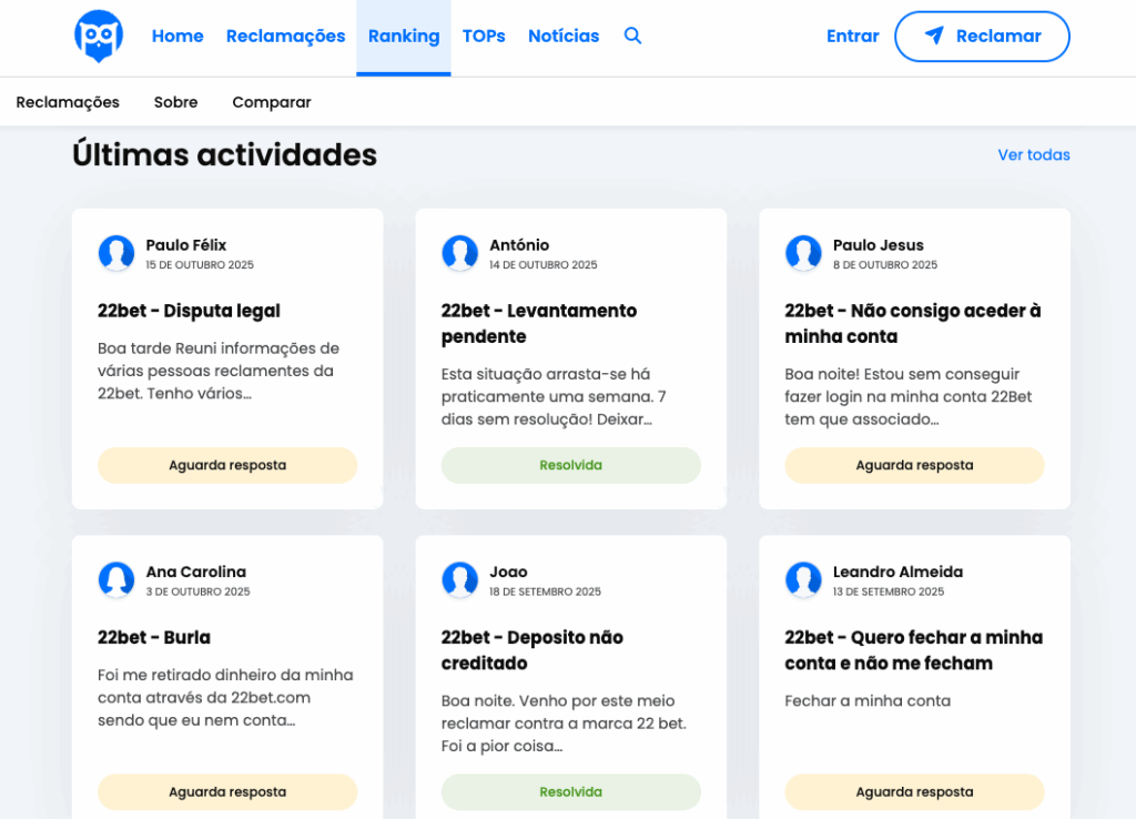 22Bet no Portal da Queixa