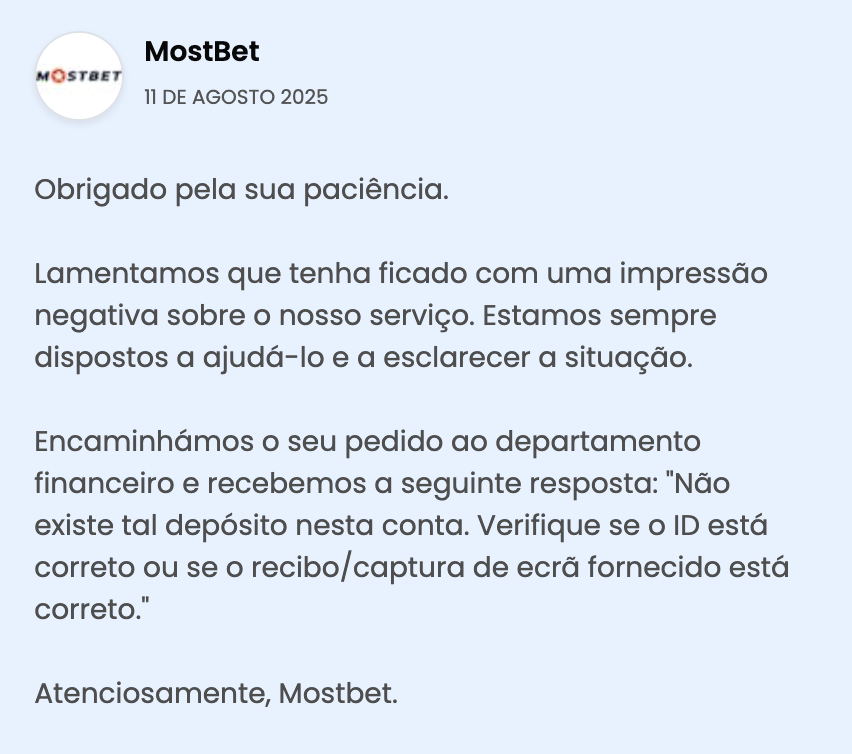 Resposta MostBet no Portal da Queixa