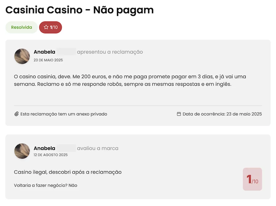 Queixas Casinia