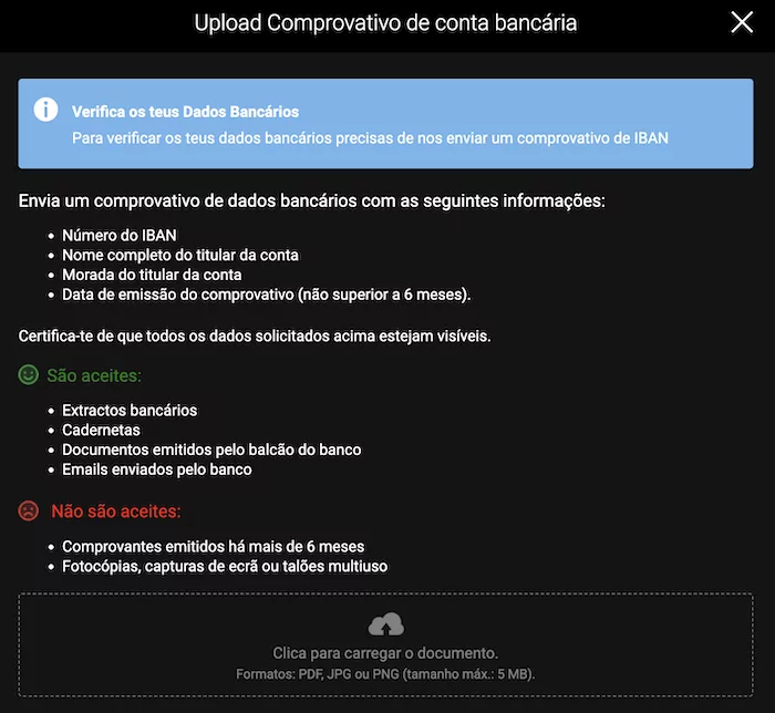 Upload de comprovativo Bwin
