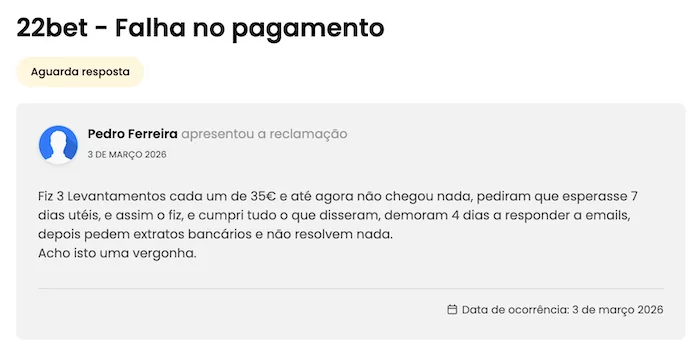 Falha no pagamento 22Bet