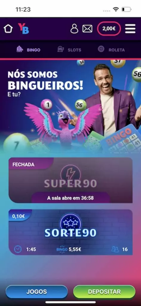 Lobby de jogos na app yobingo