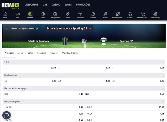 Mercados Retabet para um jogo de Primeira Liga