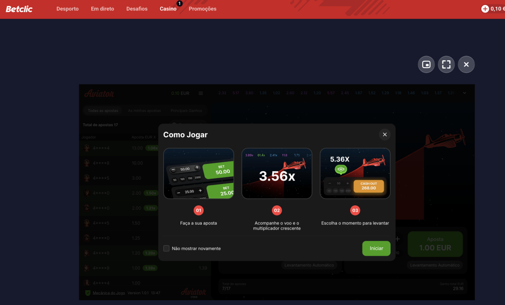 Passos para jogar no Aviator da Betclic